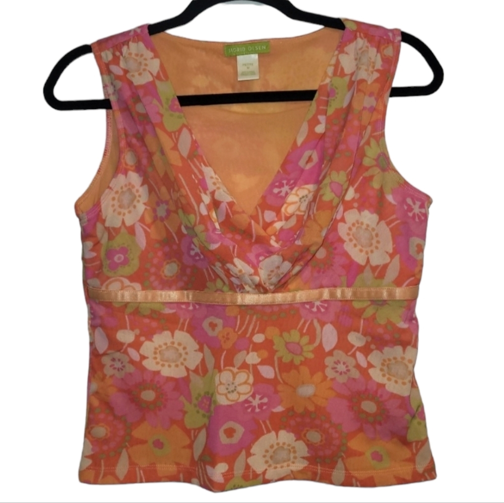 Sigrid Olsen Sleeveless Top Medium Petite Tank Blouse Floral Colorful Women's